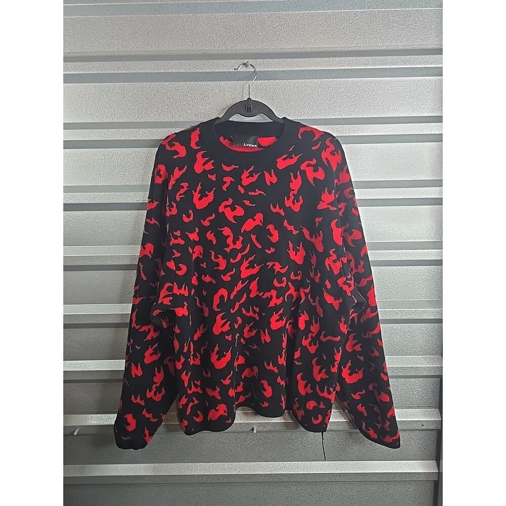 Womens Red Black Leopard Print Sweater Wool Blend Crew Neck Pullover